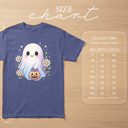 GILDAN 5000 Heavy Cotton T-shirt with a cute ghost design and size chart.
