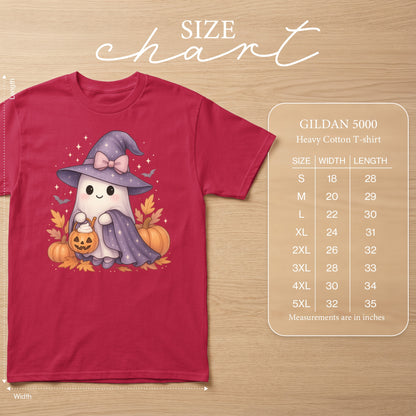 Gildan 5000 heavy cotton t-shirt size chart with measurements in inches.