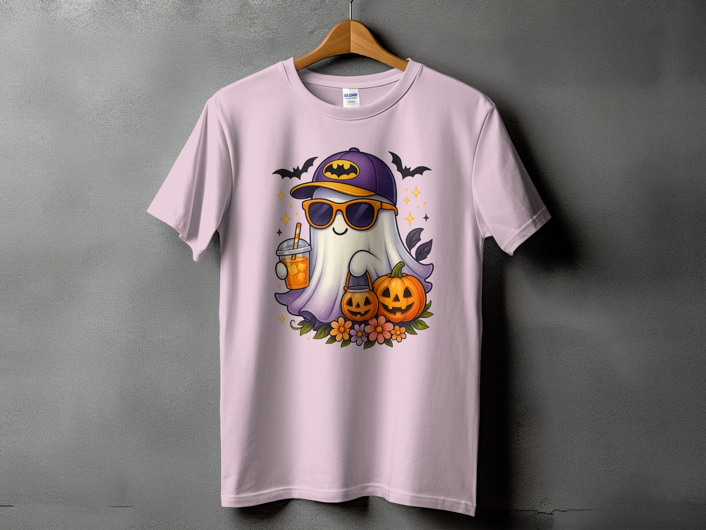Ghost with sunglasses, bat cap, holding drink, near pumpkins and flowers.