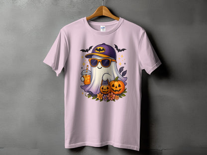 Ghost with sunglasses, bat cap, holding drink, near pumpkins and flowers.