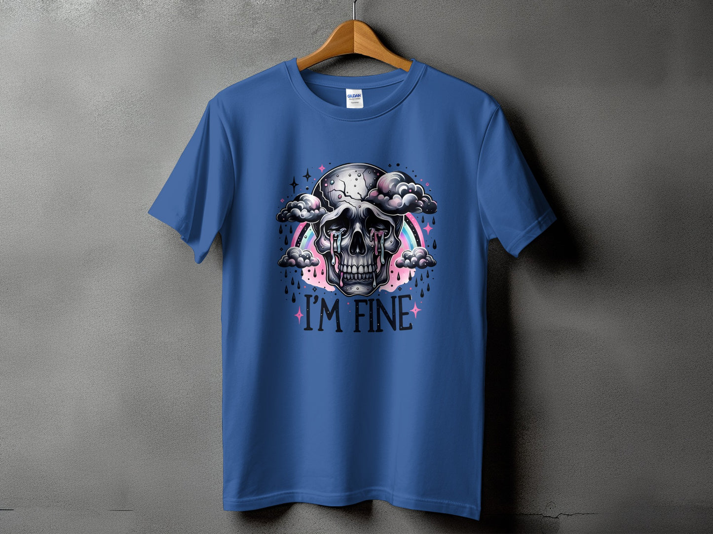 Blue t-shirt with skull design and text "I'M FINE".