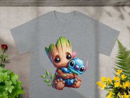 Groot and Stitch hugging, cartoon characters on a gray t-shirt.