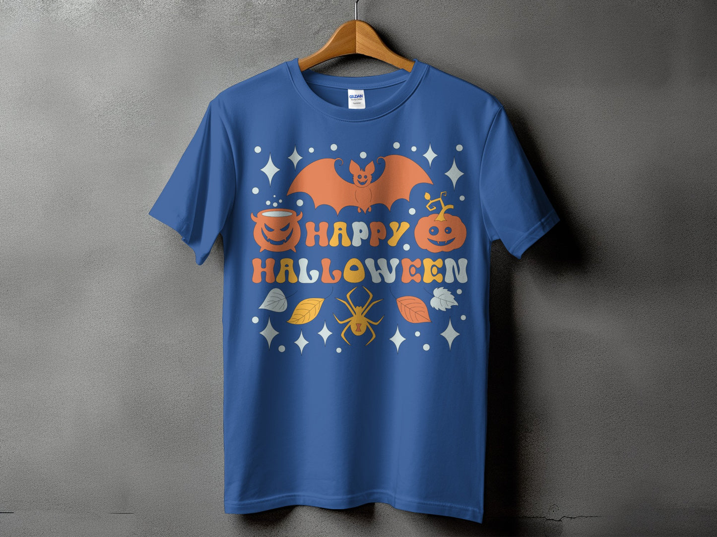 Blue t-shirt with "Happy Halloween" text, bat, pumpkins, spider, and leaves design.