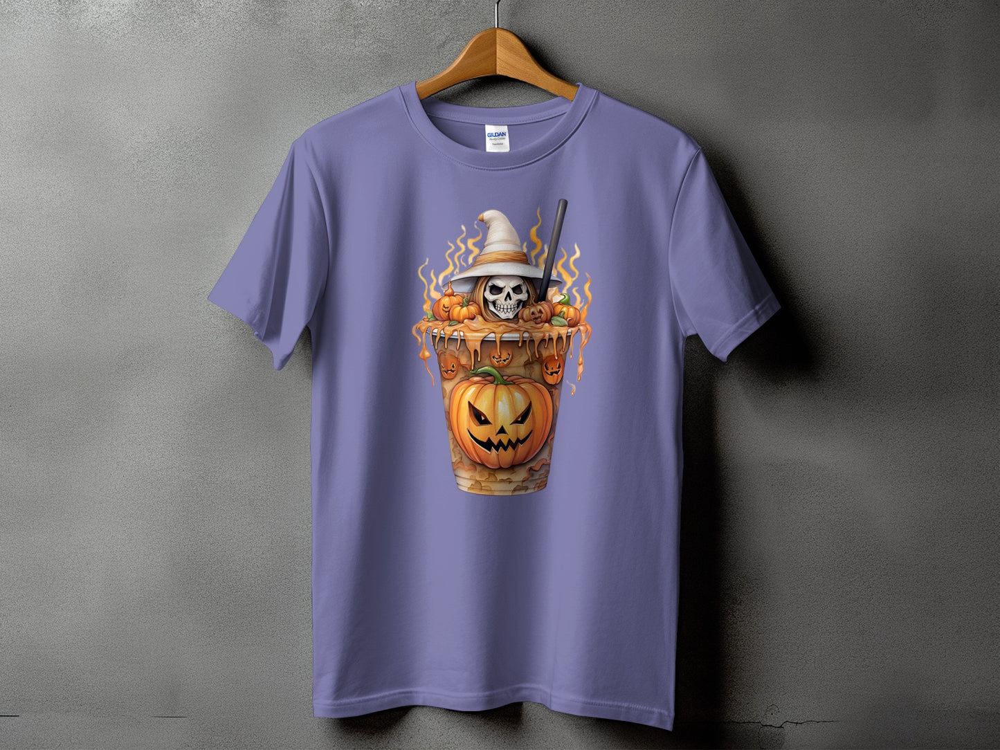 Purple t-shirt with Halloween-themed graphic of a skull in a witch hat with pumpkins.