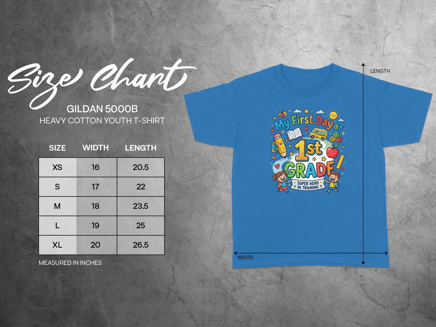 Gildan 5000B youth t-shirt size chart with width and length measurements.