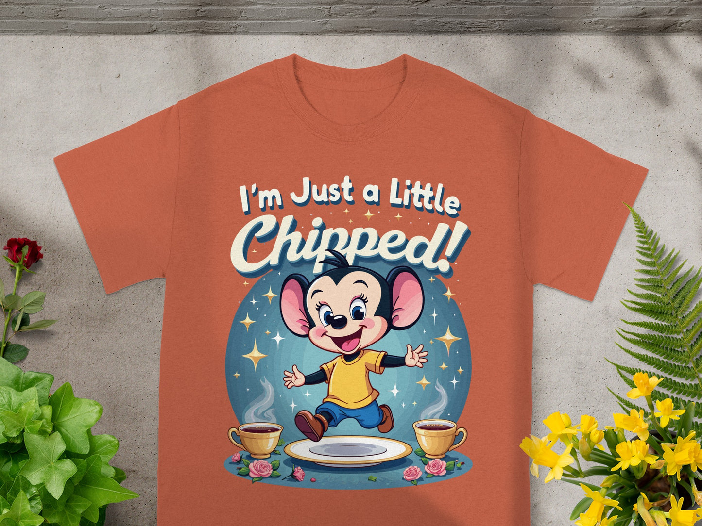 Cartoon mouse with text "I'm Just a Little Chipped!" with hot cups of coffee.