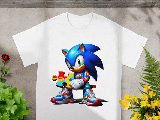 Sonic the Hedgehog sits holding a puzzle piece, wearing colorful Nike shoes.