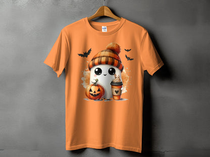 Orange t-shirt with a cute ghost, pumpkin, coffee, and bats Halloween graphic.