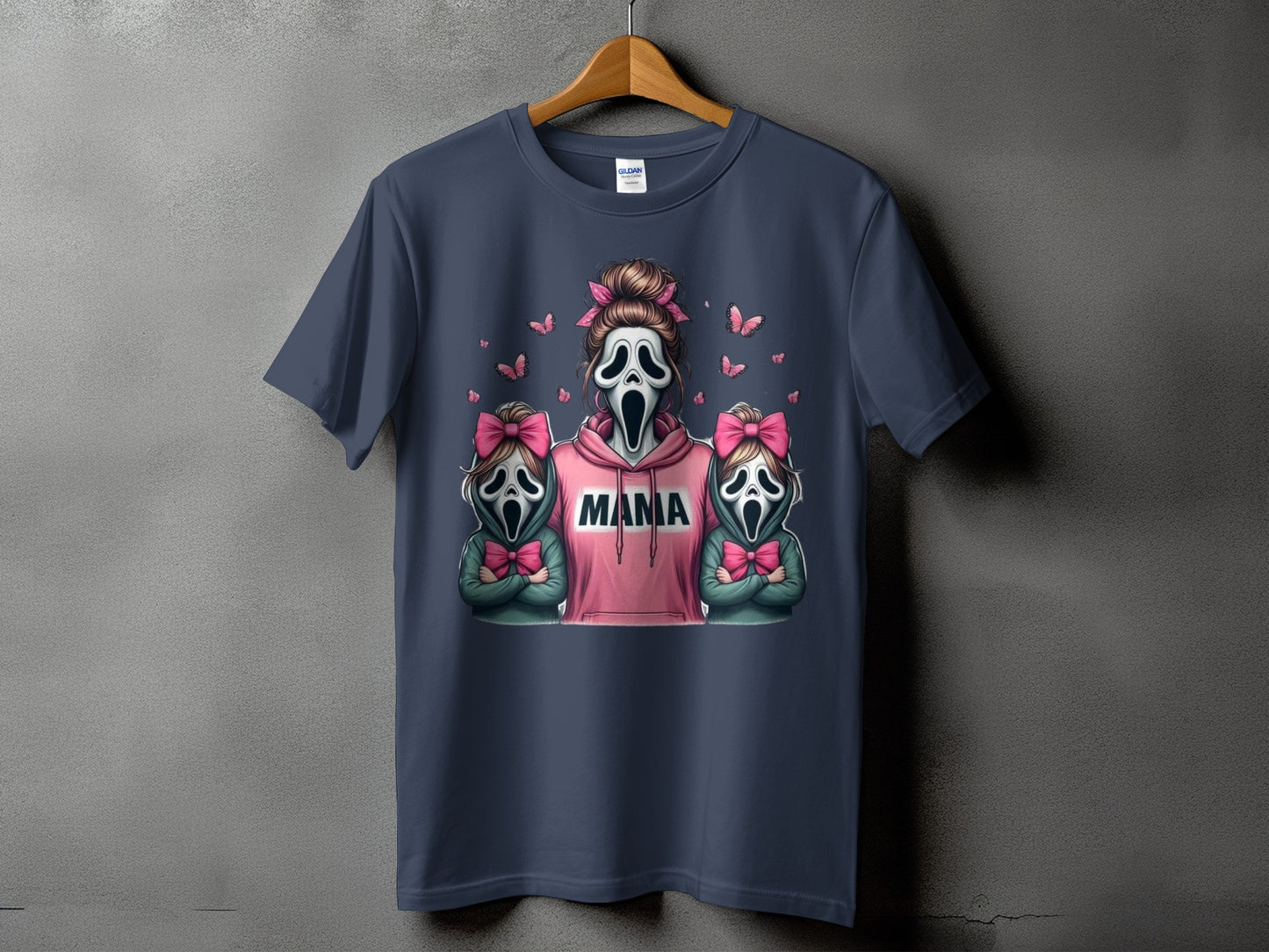 Scream mask mama with two ghost face children wearing pink bows, surrounded by butterflies.