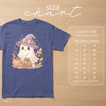 Gildan 5000 size chart for heavy cotton t-shirt with ghost graphic.