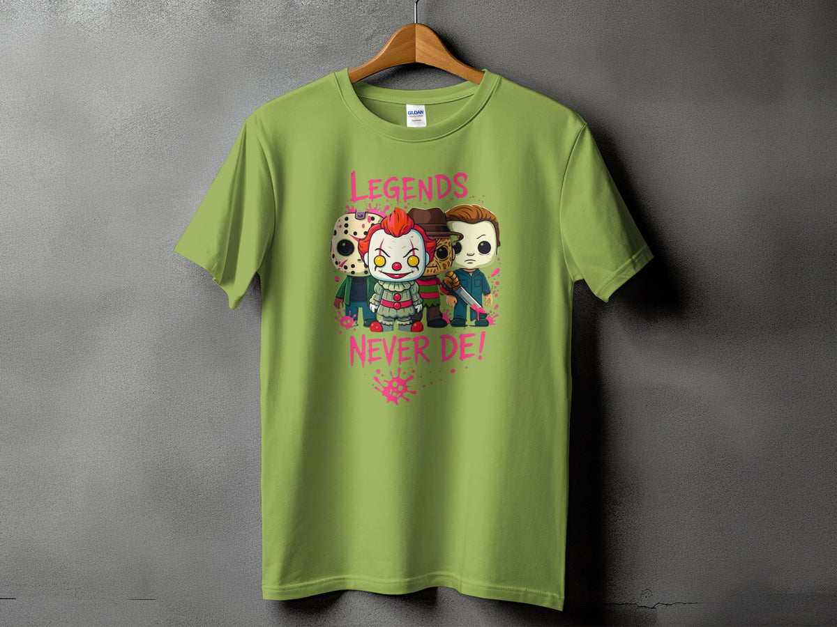 Green t-shirt with cartoon horror characters and text "LEGENDS NEVER DIE!"