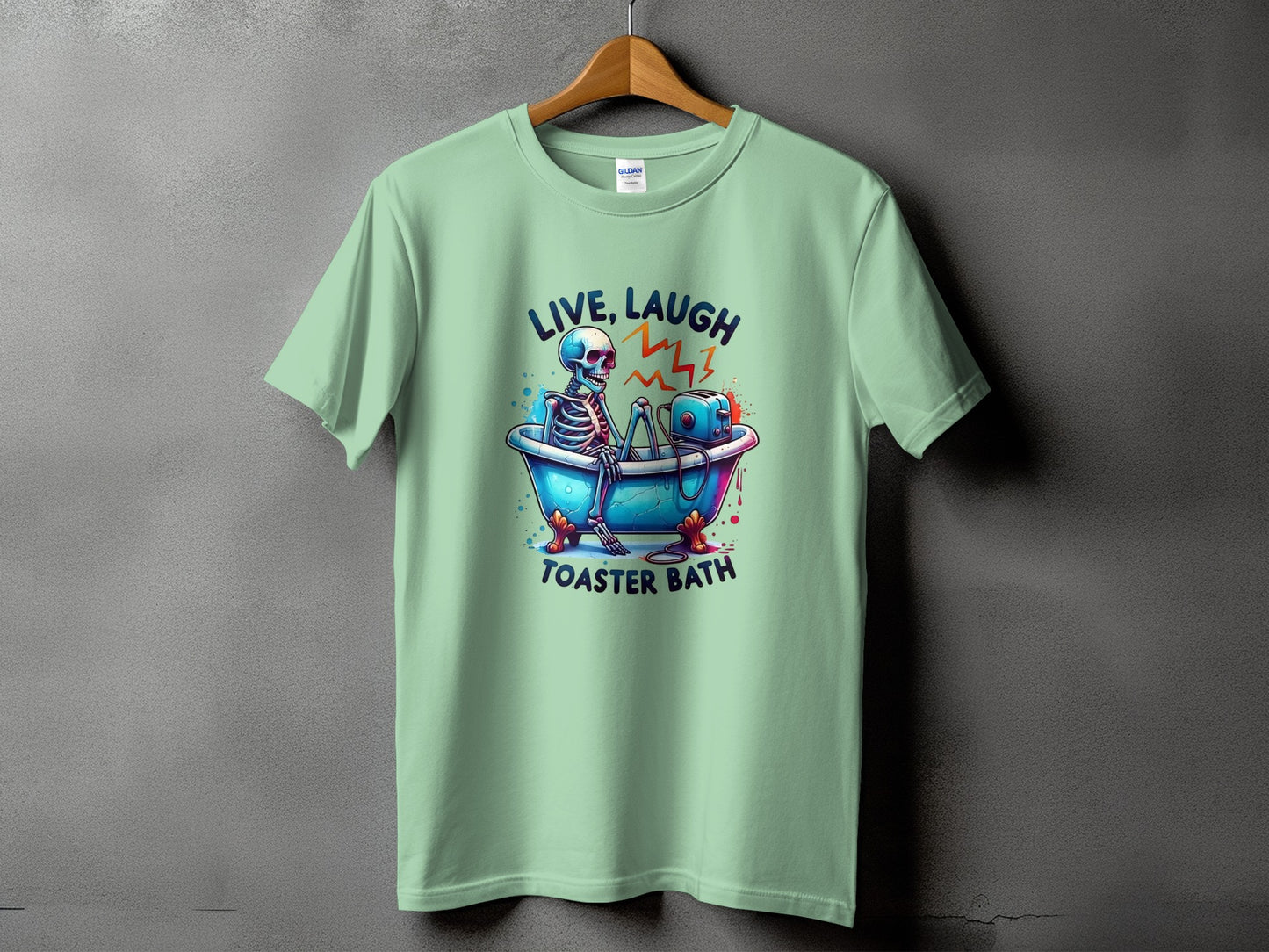 Skeleton in bathtub with toaster, text "Live, Laugh, Toaster Bath"
