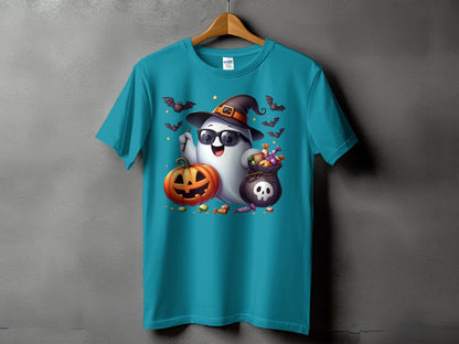 Teal t-shirt with a Halloween ghost wearing a witch hat and sunglasses, holding candy.