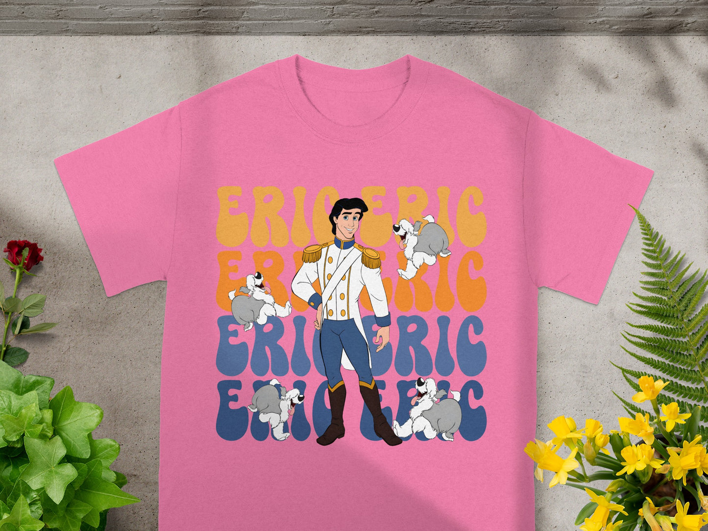 Prince Eric in white and blue uniform surrounded by white dogs.