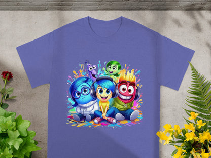 Joy, Sadness, Fear, Disgust, and Anger from Inside Out on a purple t-shirt.