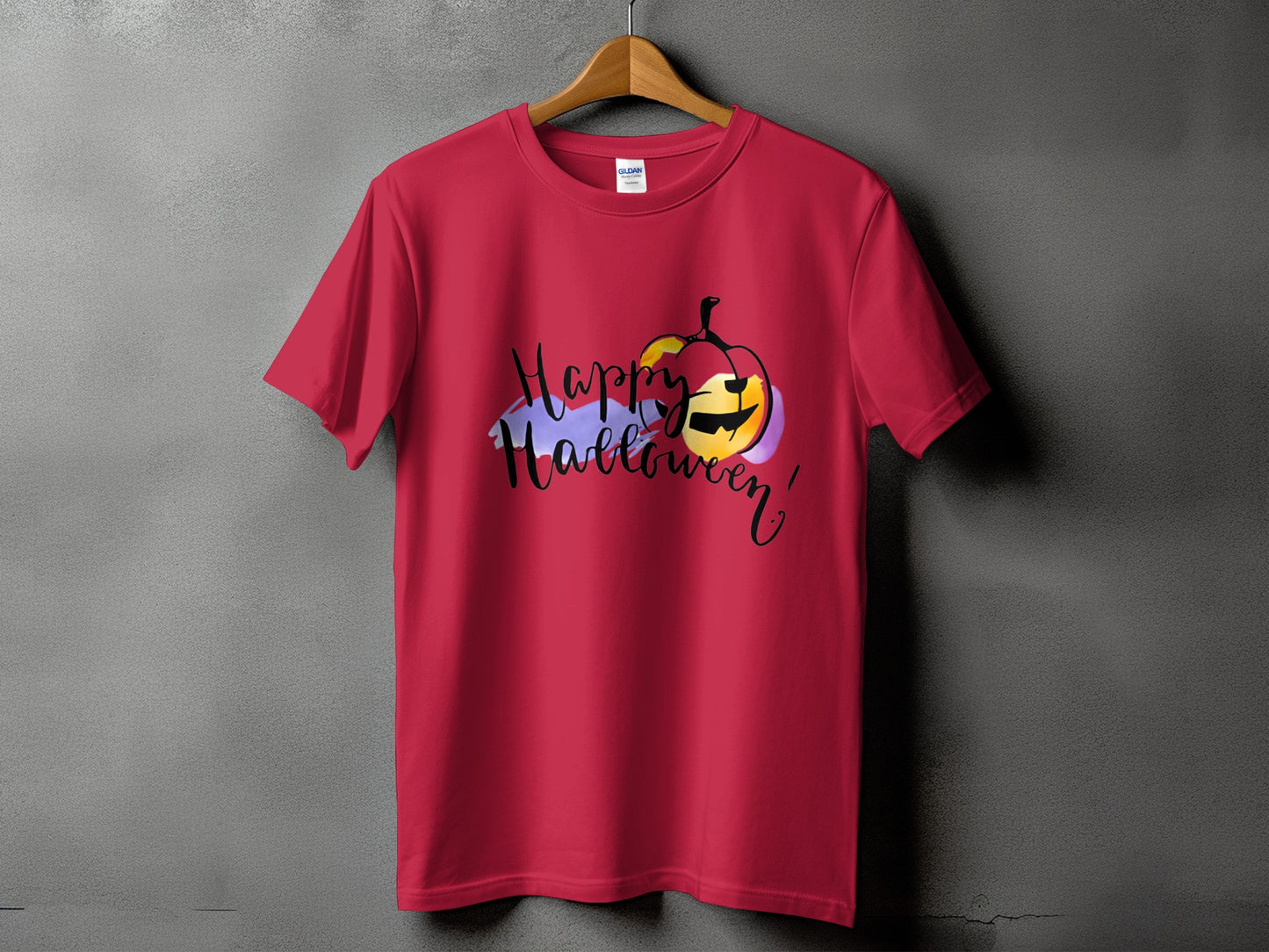 Red t-shirt with a hand-drawn jack-o'-lantern and "Happy Halloween" text.
