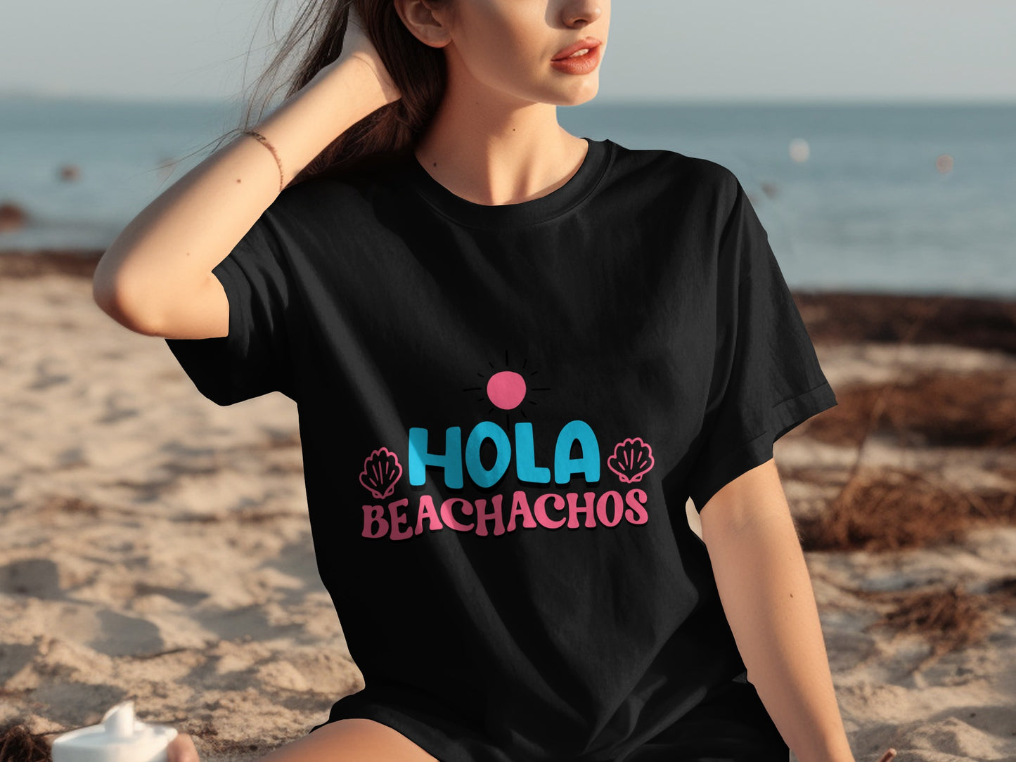 Hola Beachachos Graphic Black Beach T-Shirt