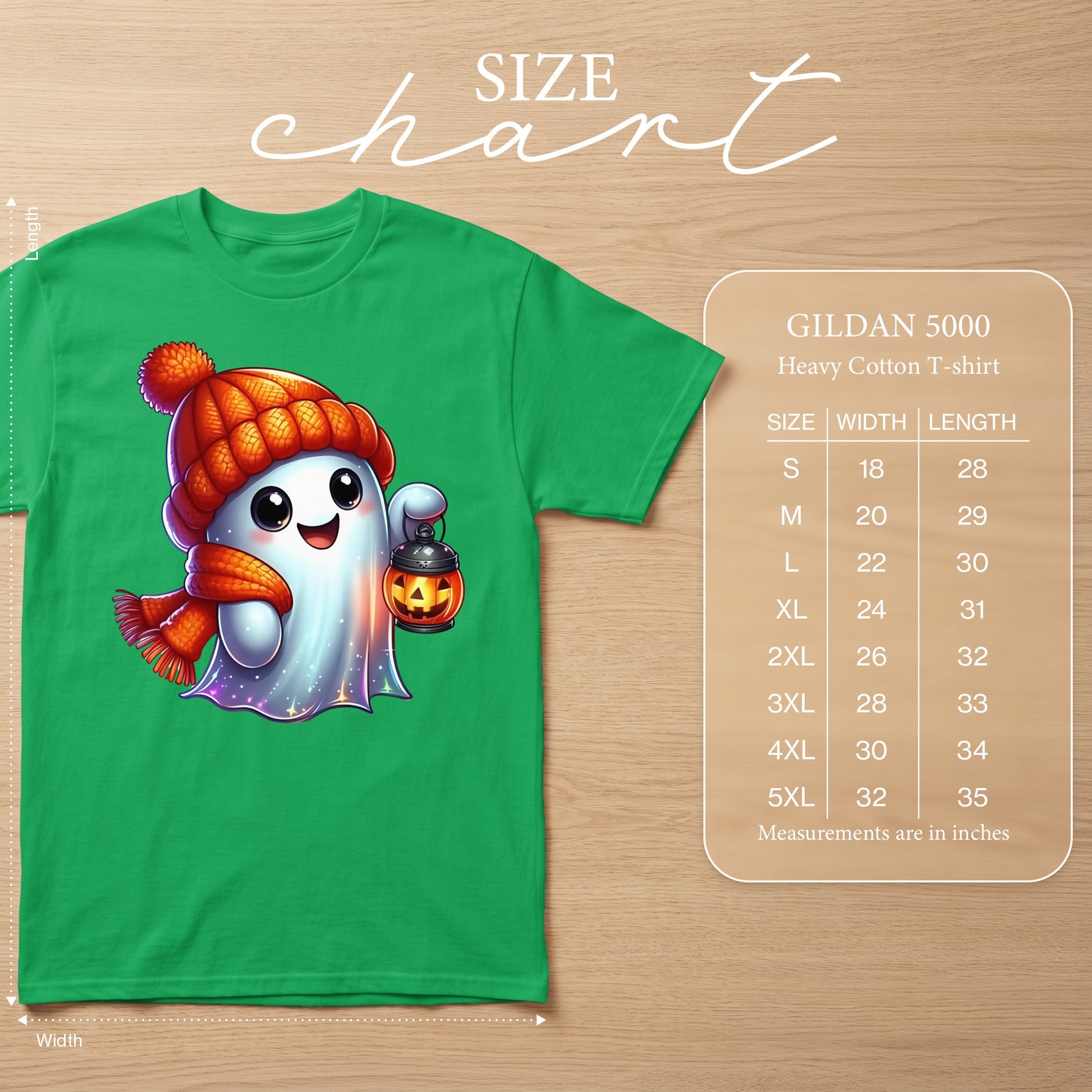 Green Gildan 5000 t-shirt with a cute ghost wearing a hat and scarf, holding a pumpkin lantern.