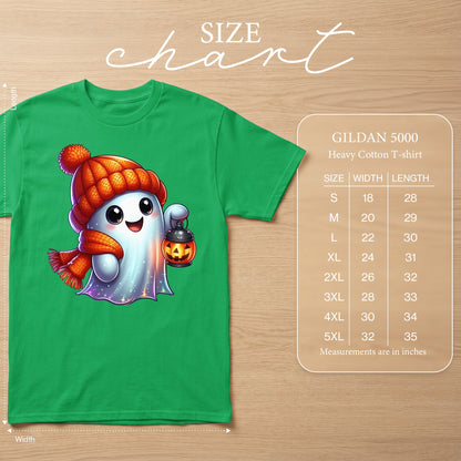 Green Gildan 5000 t-shirt with a cute ghost wearing a hat and scarf, holding a pumpkin lantern.