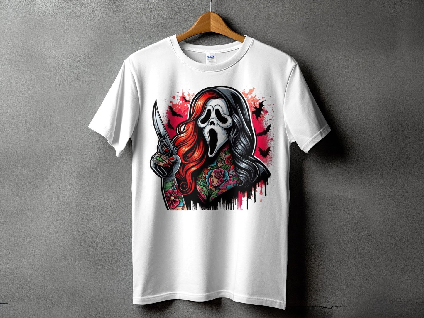 White t-shirt with Ghostface holding knife, bats, and floral tattoos.
