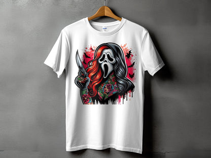 White t-shirt with Ghostface holding knife, bats, and floral tattoos.