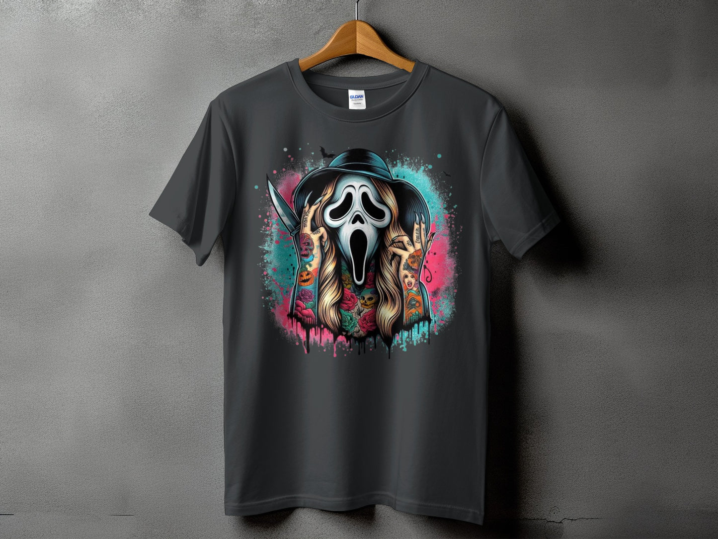 Ghostface mask with knife, tattoos, and roses on a dark grey t-shirt.