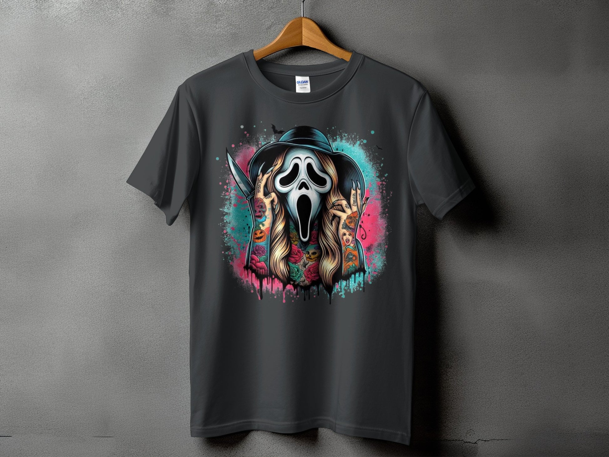 Ghostface mask with knife, tattoos, and roses on a dark grey t-shirt.