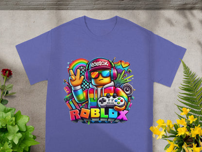 Roblox graphic t-shirt featuring a character with headphones and controller.