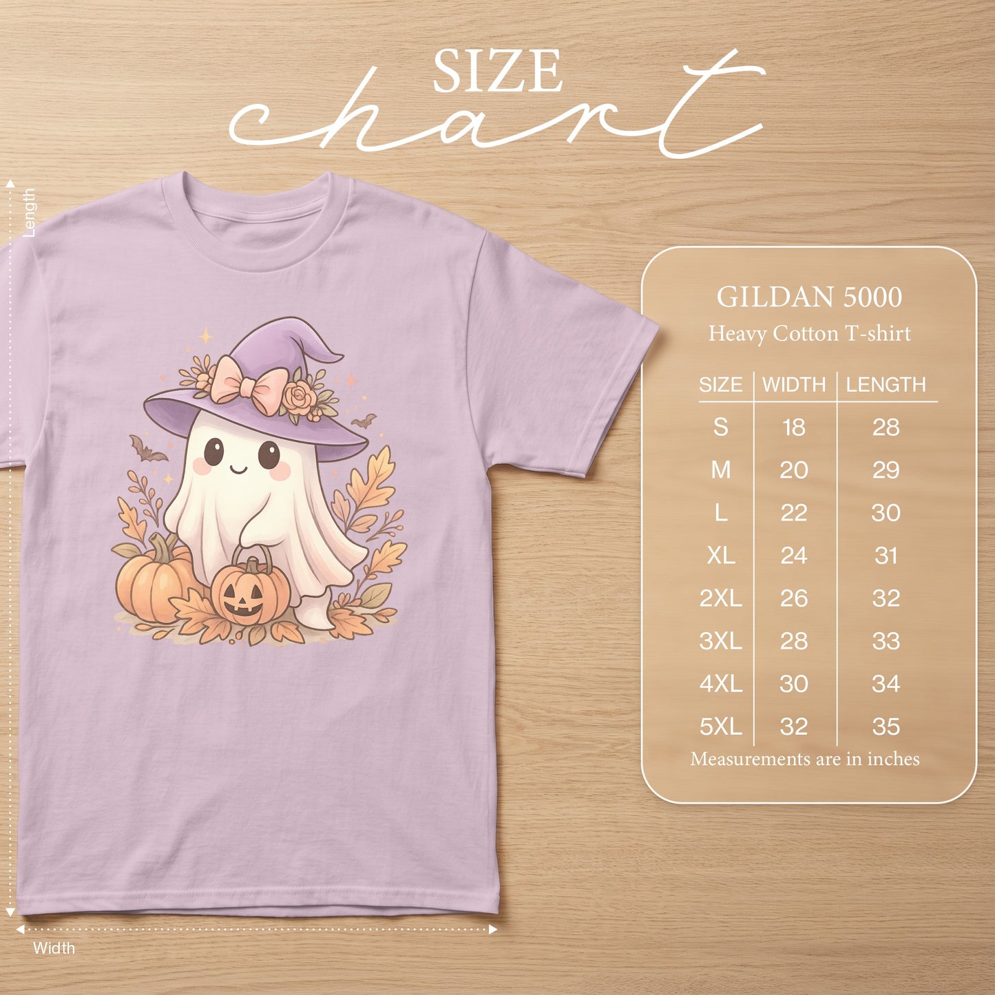 Purple t-shirt with a kawaii ghost wearing a witch hat, pumpkins, and autumn leaves. Includes size chart.