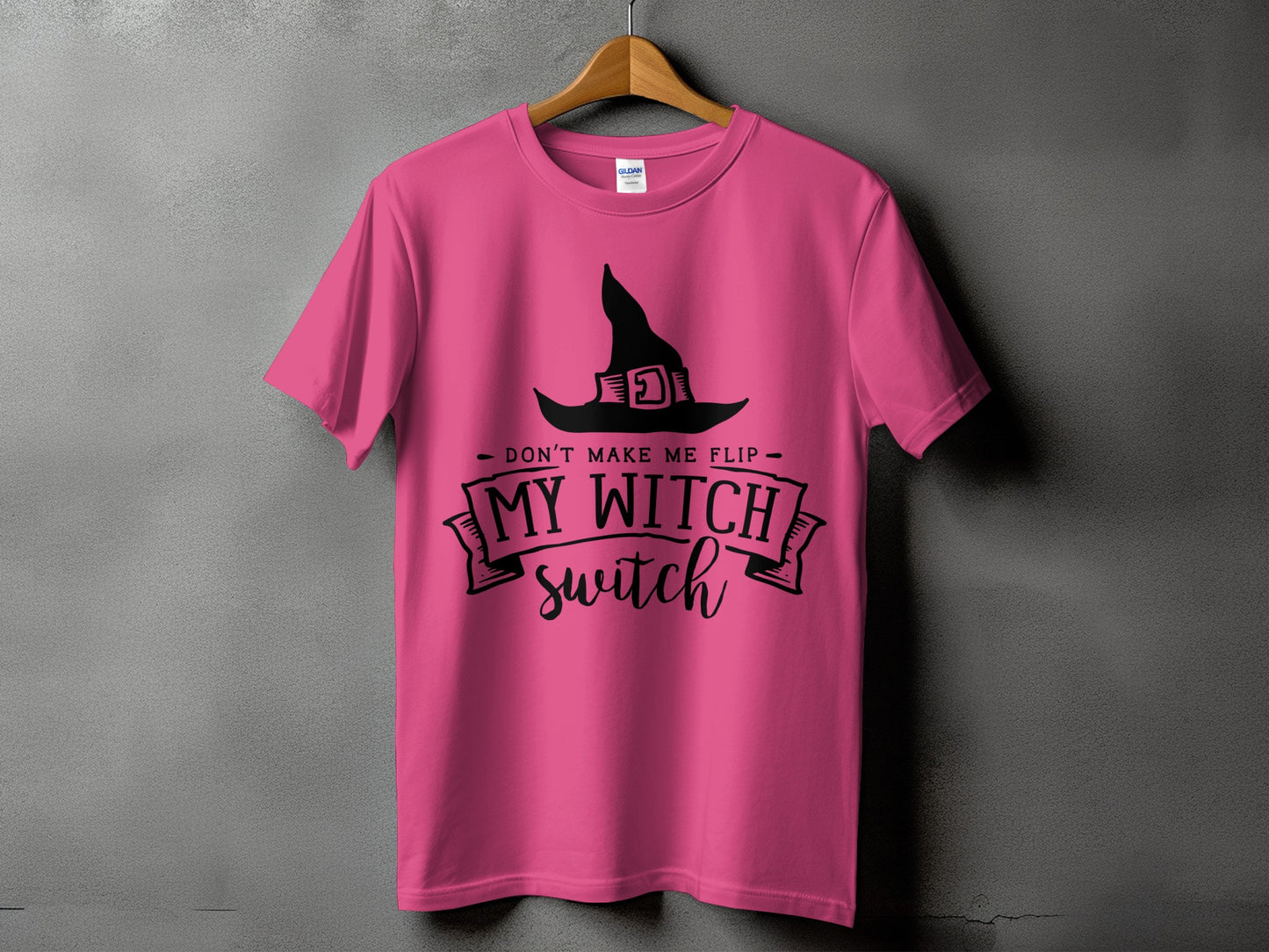 Pink t-shirt with black graphic of witch hat and text "My Witch Switch".