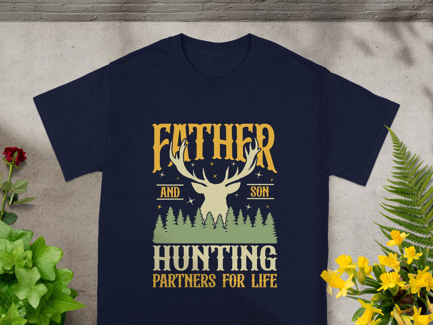 Navy shirt with "Father and Son Hunting Partners For Life" text and deer graphic.
