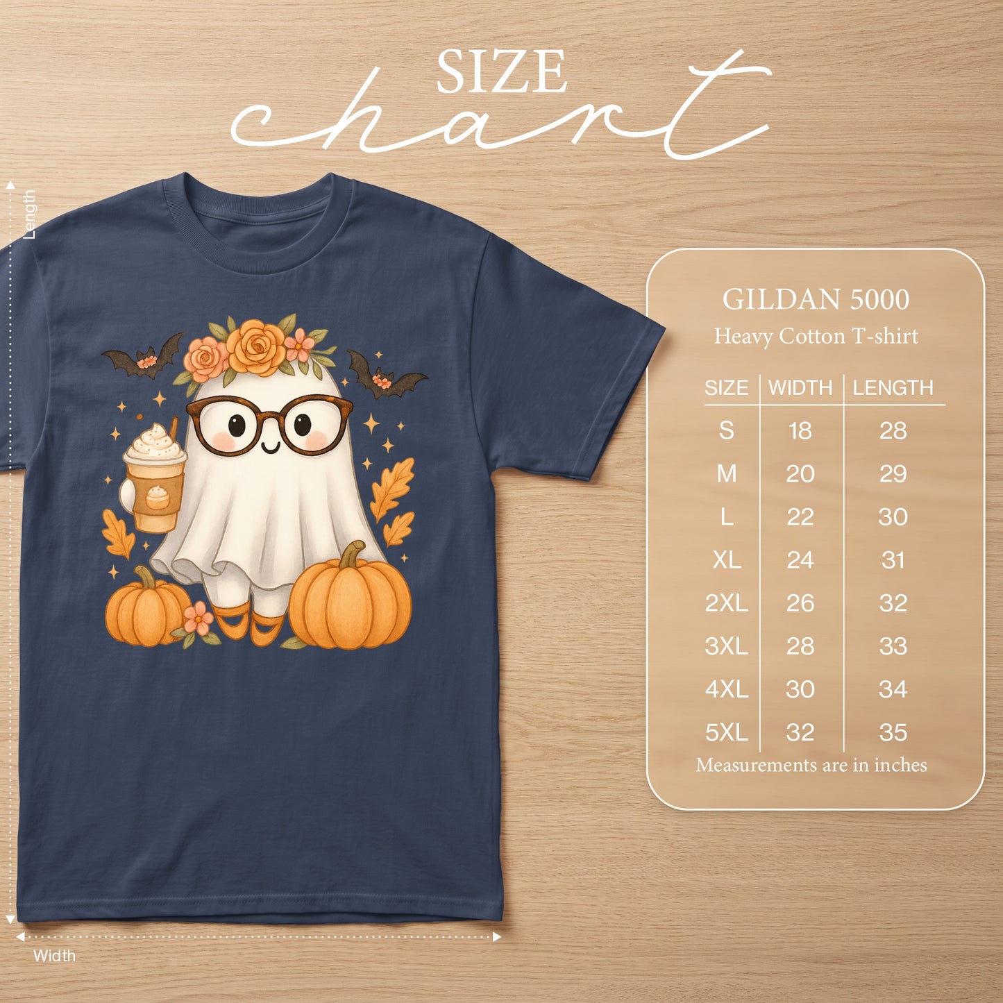 Navy t-shirt with cute ghost wearing glasses, holding pumpkin spice latte, size chart included.