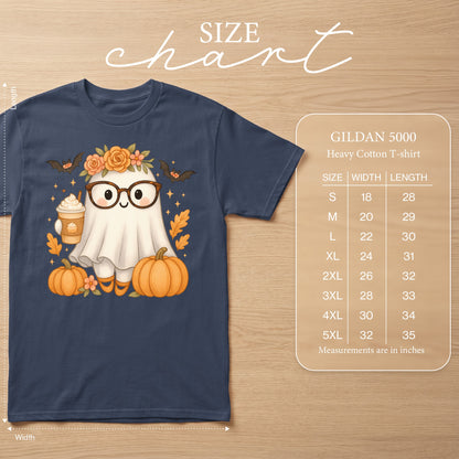 Navy t-shirt with cute ghost wearing glasses, holding pumpkin spice latte, size chart included.