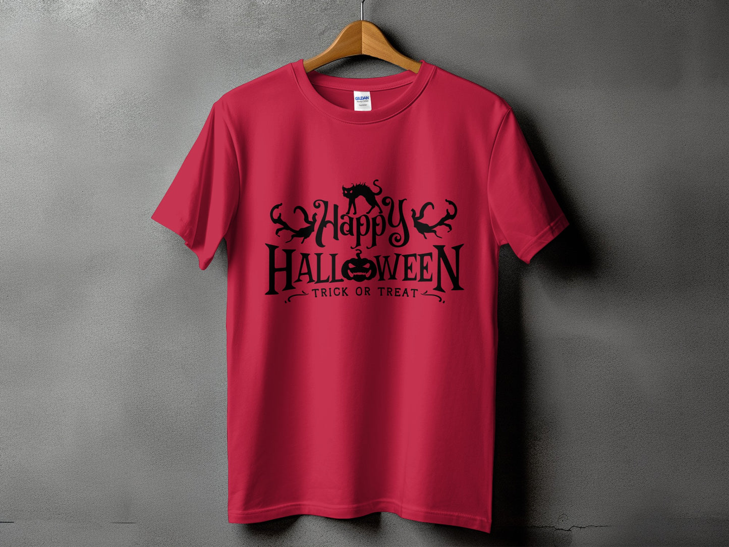 Red t-shirt with black Halloween graphic and text.