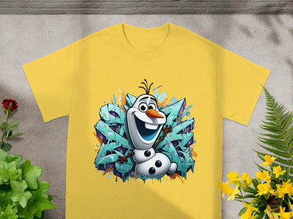 Yellow t-shirt with Olaf the snowman and colorful graffiti.