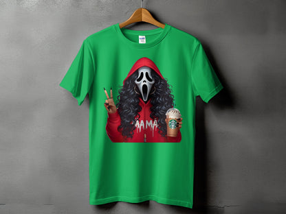 Green t-shirt with ghost mask, red hoodie, and Starbucks drink.