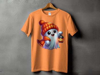 Orange t-shirt featuring a cute ghost in a hat and scarf holding a jack-o'-lantern.