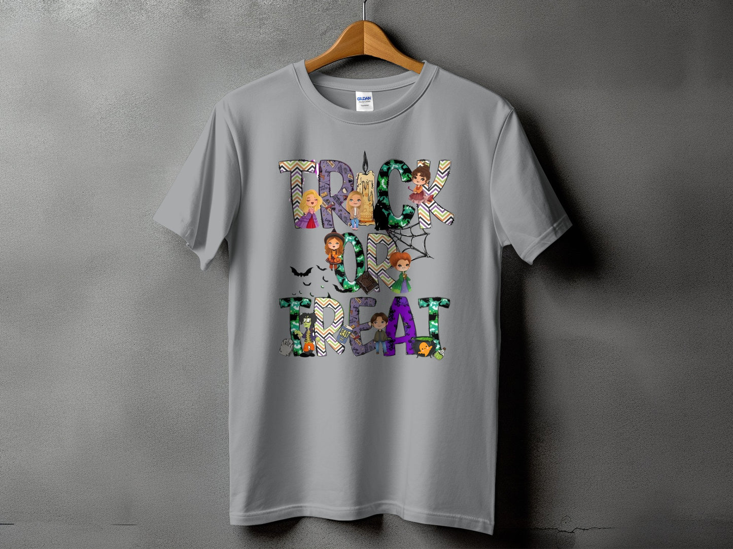 Grey t-shirt with "TRICK OR TREAT" Halloween graphic featuring characters and cobwebs.