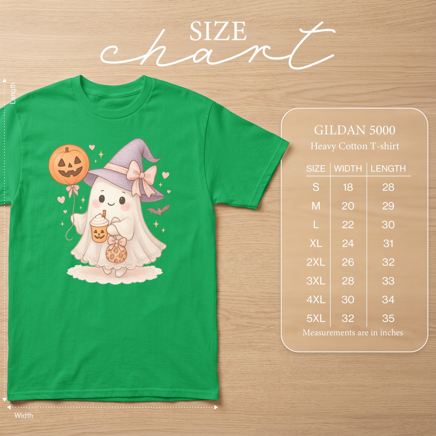 Green Gildan 5000 heavy cotton t-shirt with Halloween ghost design and size chart.