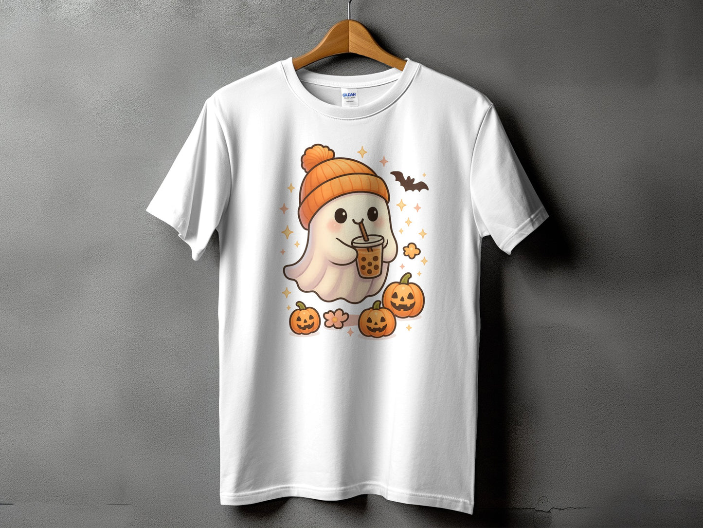 White t-shirt with a cute ghost holding boba tea and surrounded by pumpkins.