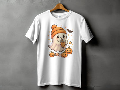 White t-shirt with a cute ghost holding boba tea and surrounded by pumpkins.