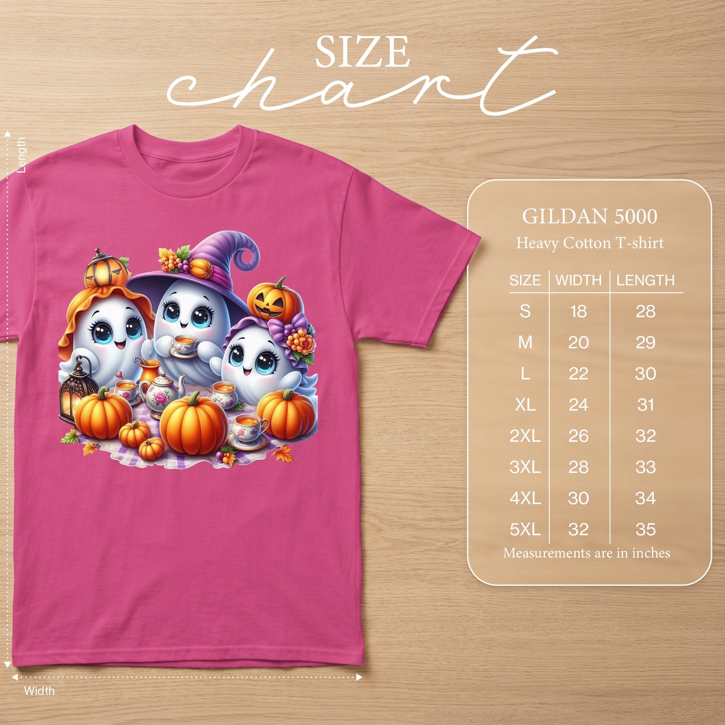 Pink t-shirt with three cute ghosts, pumpkins, and teacups with Gildan 5000 size chart.