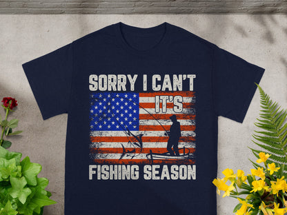 Navy t-shirt with distressed American flag and fisherman text.