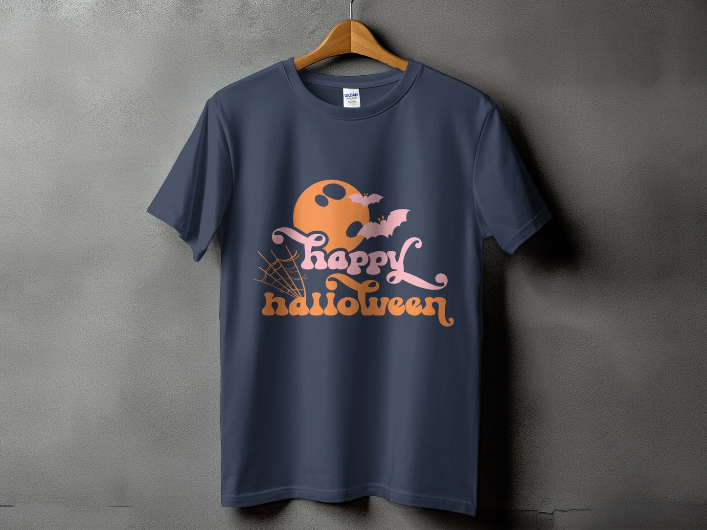 Dark blue t-shirt with orange and pink "Happy Halloween" text, moon, bats, and spiderweb.