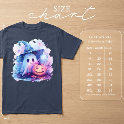 Gildan 5000 size chart for heavy cotton t-shirts with measurements in inches.
