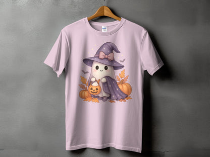 Pink t-shirt with a cute ghost in a witch hat holding a pumpkin basket.