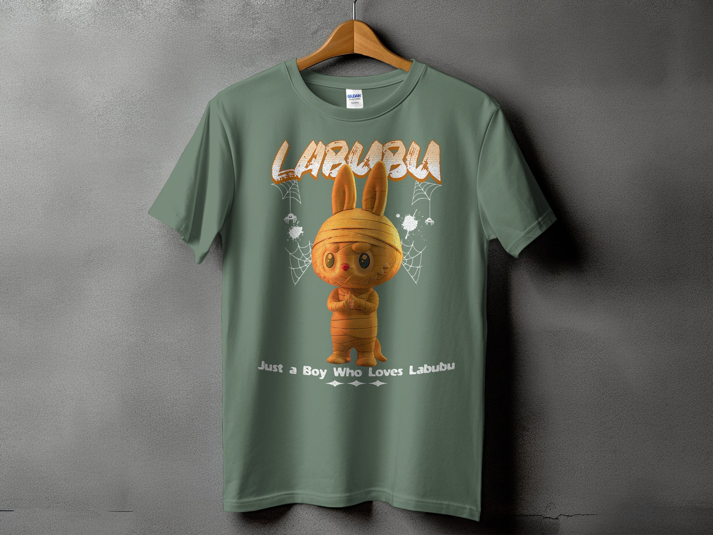 Green t-shirt with Labubu mummy character and "Just a Boy Who Loves Labubu" text.