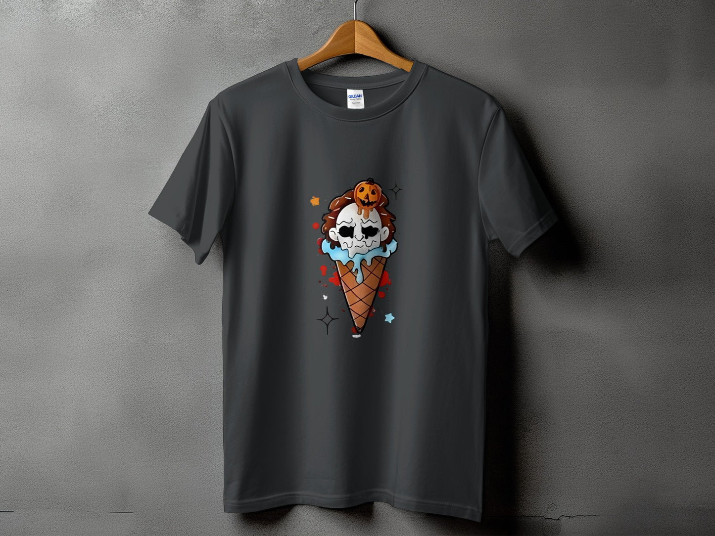 Dark gray t-shirt with a Halloween ice cream cone graphic.