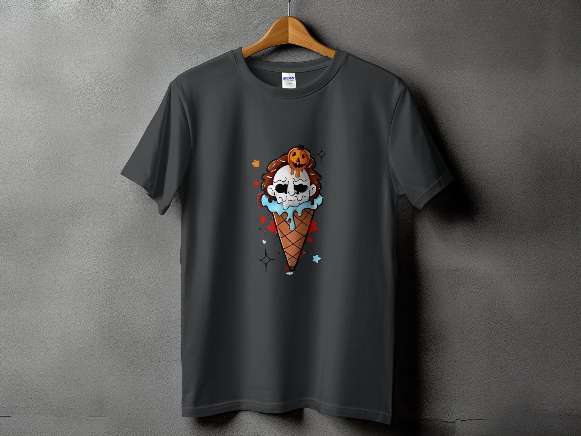 Dark gray t-shirt with a Halloween ice cream cone graphic.