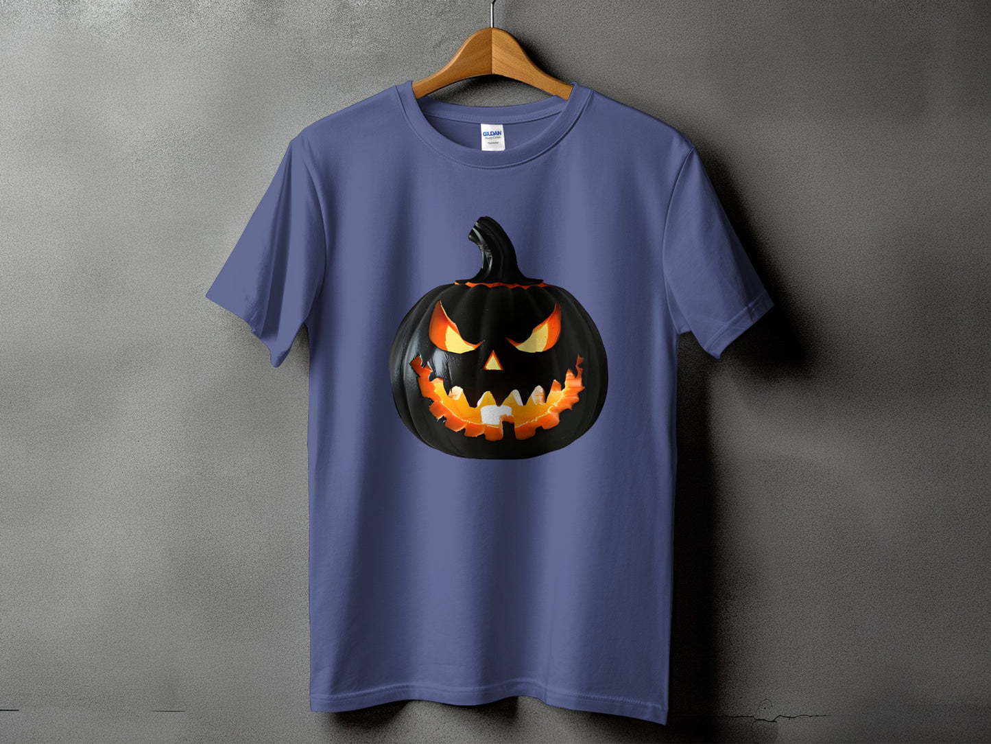 Purple t-shirt with a menacing black jack-o'-lantern graphic.